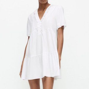 NEW Zara White 100% Cotton Poplin Ruffled Neck Tiered Mini Dress Size Small